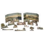 Miniature scenery. A collection of cut-out figures and 2 backdrops, circa 1870s