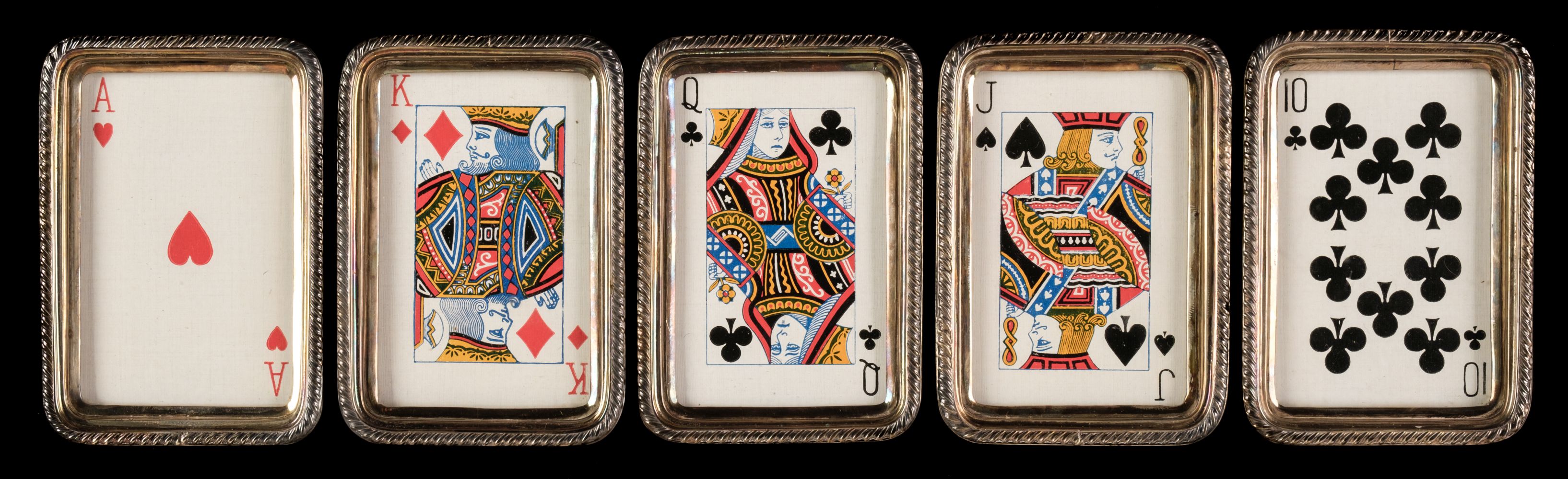 Playing card trays. Five silver playing card trays, James Fenton & Co, 1936