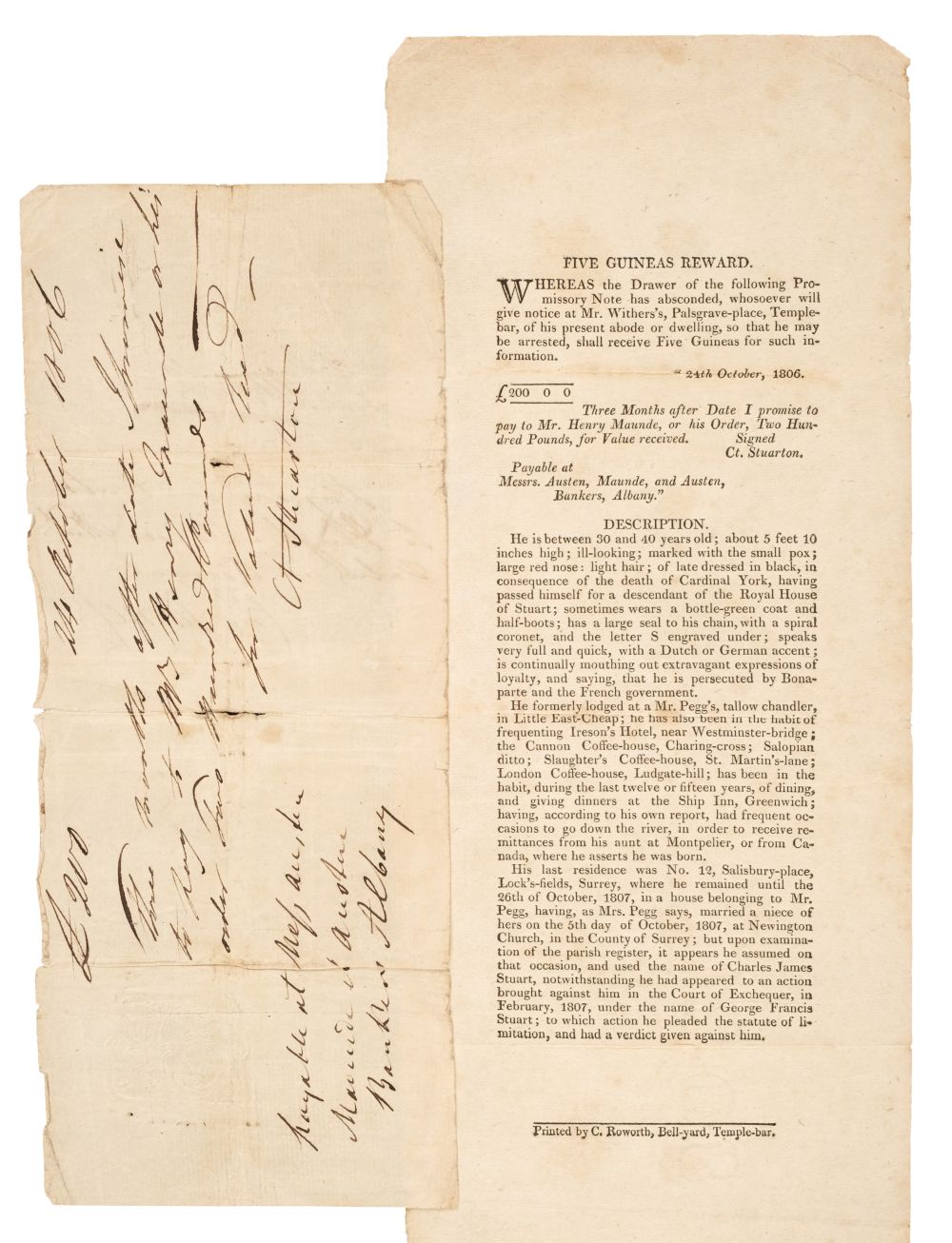 Austen (Henry Thomas, 1771-1850). Manuscript promissory note for £200, 24 October 1806