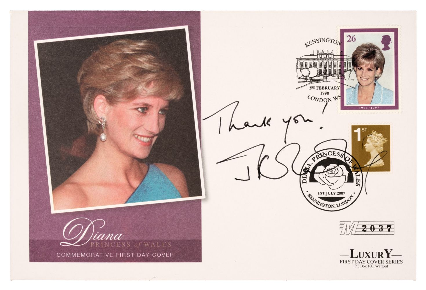 Rowling (Joanne Kathleen). Diana, Princess of Wales, Commemorative First Day Cover, 1 July 2007