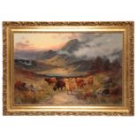 WILLIAM LANGLEY (fl.1880-1920) A pair of studies of Highland Cattle in expansive landscapes