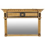 A REGENCY GILTWOOD AND EBONISED OVERMANTEL PIER MIRROR