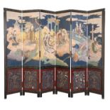 A CHINESE SIX PANEL POLYCHROME AND PARCEL-GILT FOLDING SCREEN