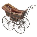 A VICTORIAN LEATHER AND CAST-IRON CHILD'S PRAM