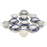 A COLLECTION OF FIVE FIRST PERIOD WORCESTER BLUE AND WHITE FISHERMANS PATTERN TEA BOWLS AND SAUCERS