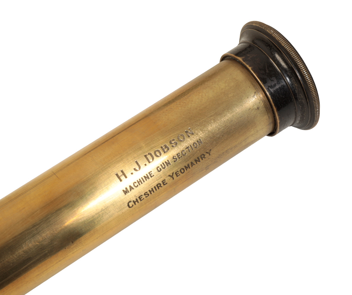 A VINTAGE TWO DRAWER BRASS AND LEATHER TELESCOPE - Image 2 of 2