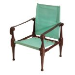 A CANVAS, TEAK AND LEATHER CAMPAIGN ARM CHAIR