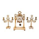 A LATE 19TH CENTURY FRENCH MANTEL CLOCK AND GARNITURE