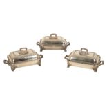 A SET OF THREE REGENCY SILVER PLATED ENTREE DISHES