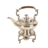 A WHITE METAL TEAPOT ON STAND