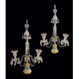 A PAIR OF GEORGE III BLUE AND WHITE JASPERWARE AND CUT-GLASS TWO-LIGHT CANDELABRA