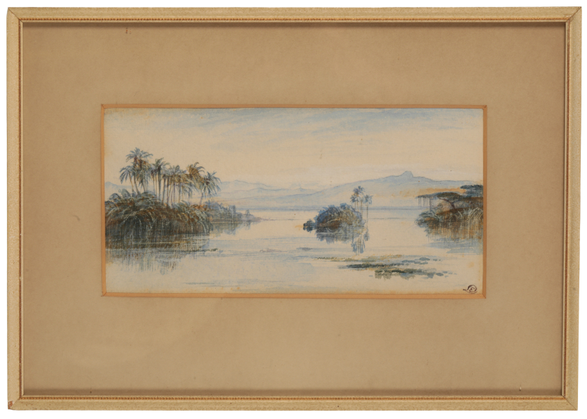 EDWARD LEAR (1812-1888) Indian river landscape with palm trees and hills to the distance, probably M - Image 2 of 2