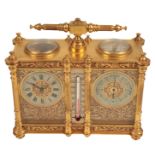 A FRENCH BRASS AND CHAMPLEVÉ ENAMEL-MOUNTED COMPENDIUM CARRIAGE TIMEPIECE AND BAROMETER
