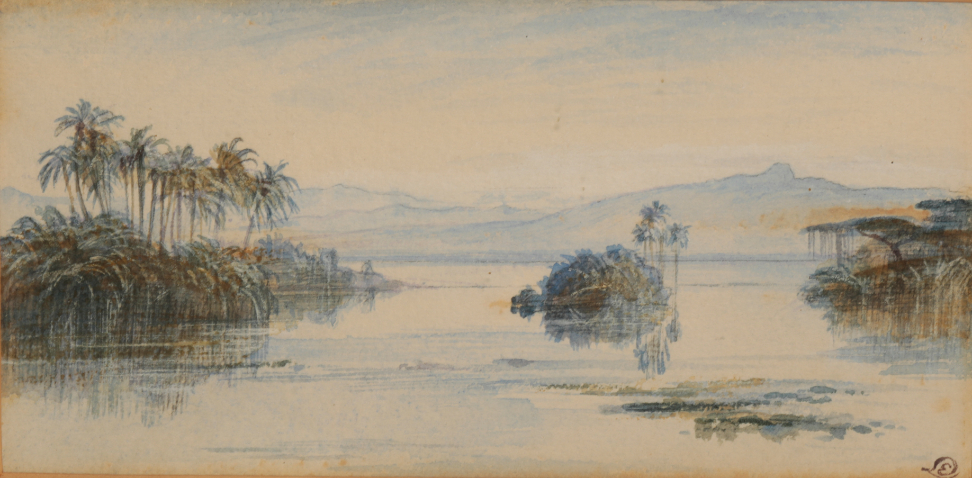 EDWARD LEAR (1812-1888) Indian river landscape with palm trees and hills to the distance, probably M