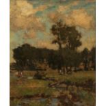 BERTRAM PRIESTMAN (1868-1951) Landscape with trees and cattle watering