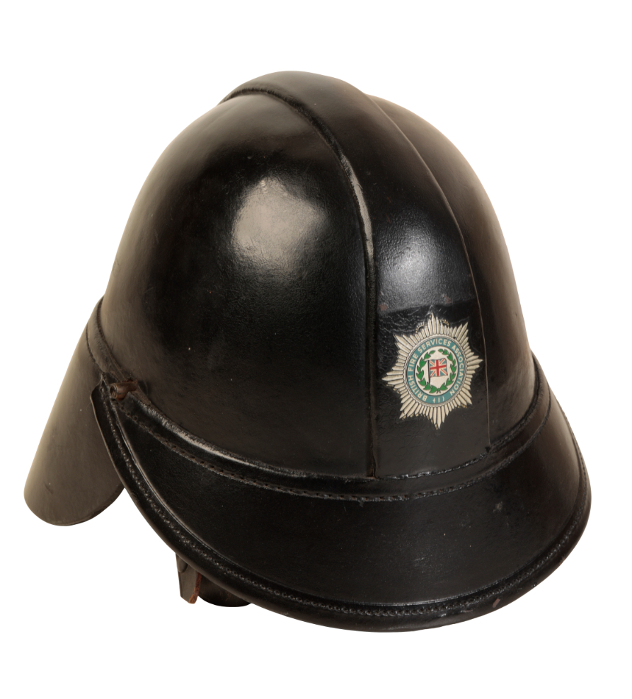 BRITISH FIRE SERVICE ASSOCIATION: A BLACK LEATHER FIRE HELMET