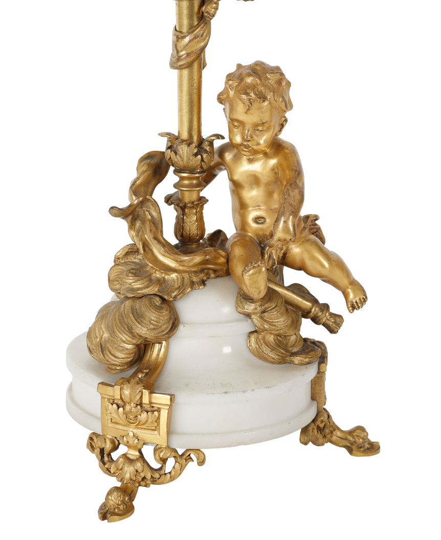 A PAIR OF 19TH FRENCH ORMOLU AND WHITE MARBLE THREE BRANCH CANDELABRA - Image 2 of 2