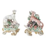 A PAIR OF DERBY TYPE PORCELAIN FIGURES OF THE FOX AND THE HOUND
