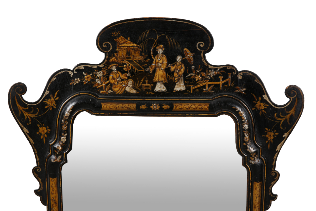 A GEORGE I STYLE BLACK LACQUERED CHINOISERIE MIRROR - Image 2 of 2