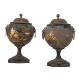 A PAIR OF EARLY 19TH CENTURY TOLEWARE TWO HANDLED URNS AND COVERS OF CHINOISERIE DESIGN