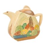 A CLARICE CLIFF TEAPOT AND COVER