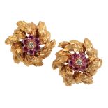 A PAIR OF RUBY & DIAMOND CLUSTER EAR STUDS