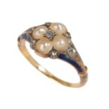 A 19TH CENTURY DIAMOND PEARL AND ENAMEL RING