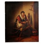 DUTCH SCHOOL A woman spinning at a wheel