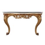 A MARBLE-TOPPED GILTWOOD SERPENTINE CONSOLE TABLE