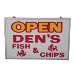 DEN'S FISH & CHIPS: A MODERN ALUMINIUM FRAMED ILLUMINATED PENDANT SIGN