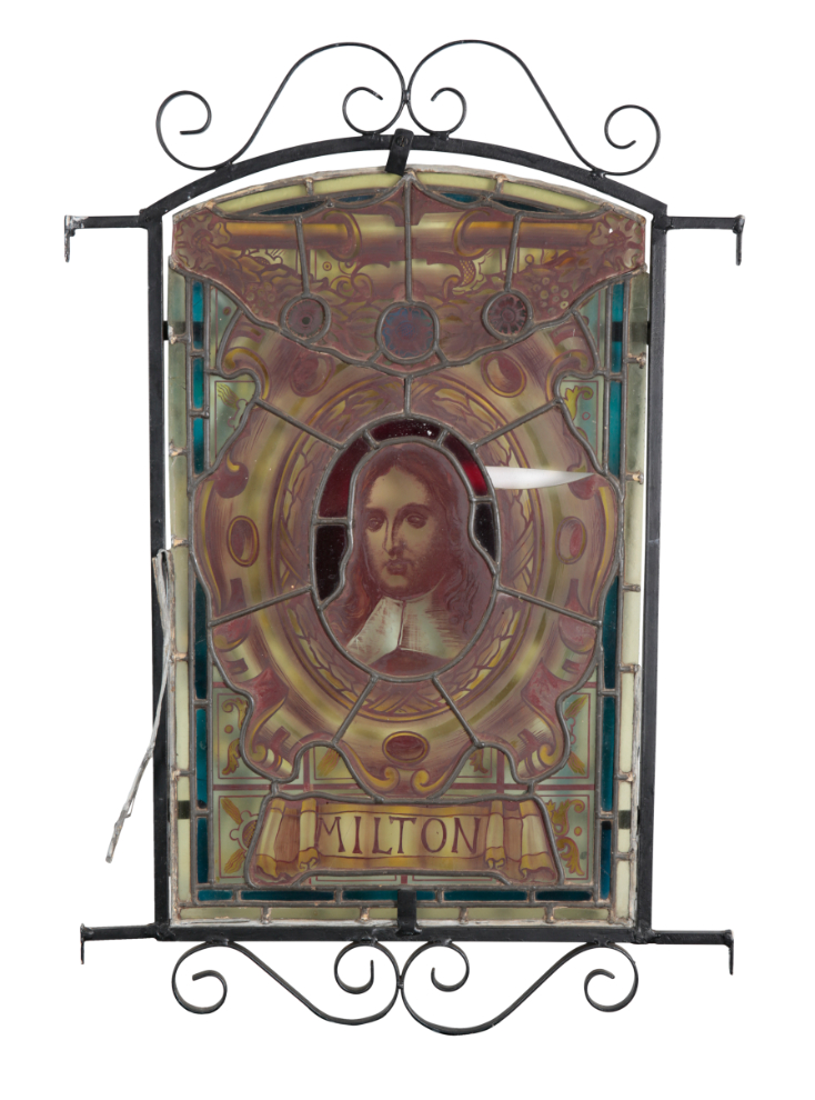 A SET OF FIVE LATE VICTORIAN LEADED AND STAINED GLASS PANELS OF ENGLISH AUTHORS - Image 4 of 5