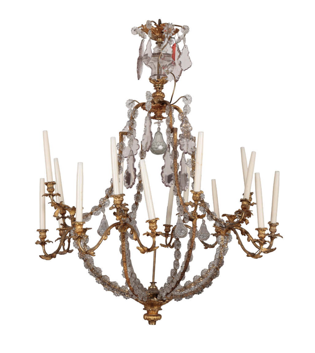 A FRENCH ORMOLU, CRYSTAL AND CUT-GLASS SIXTEEN LIGHT CHANDELIER