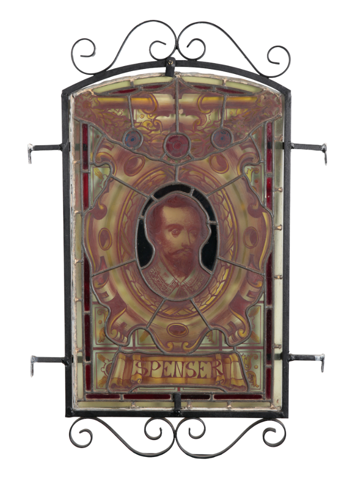 A SET OF FIVE LATE VICTORIAN LEADED AND STAINED GLASS PANELS OF ENGLISH AUTHORS - Image 5 of 5
