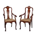 A PAIR OF DUTCH WALNUT AND MARQUETRY ARMCHAIRS