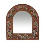 A CONTINENTAL REVERSE GLASS PAINTED AND WOODEN ARCHED TOP MIRROR