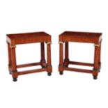 A PAIR OF EMPIRE STYLE ROSEWOOD AND BRASS MOUNTED CONSOLE TABLES