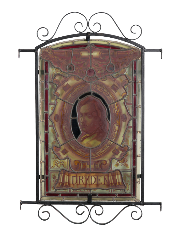 A SET OF FIVE LATE VICTORIAN LEADED AND STAINED GLASS PANELS OF ENGLISH AUTHORS - Image 2 of 5