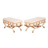 A PAIR OF REGENCY STYLE WHITE-PAINTED AND PARCEL GILT X-FRAME STOOLS