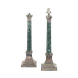 A PAIR OF SERPENTINE MARBLE AND WHITE-METAL MOUNTED TABLE LAMPS