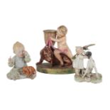 A ROYAL WORCESTER BONE CHINA FIGURE OF A STANDING PUTTI WITH BASKET AND DOG