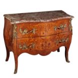 A FRENCH ORMOLU MOUNTED, FRUITWOOD AND MARQUETRY BOMBE COMMODE