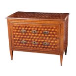 A NORTH ITALIAN WALNUT, FRUITWOOD AND PARQUETRY COMMODE