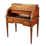A LOUIS XVI STYLE ROSEWOOD, ORMOLU AND FLORAL MARQUETRY CYLINDER BUREAU