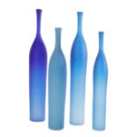 *ROBERT MARSHALL (CONTEMPORARY): FOUR BLUE STUDIO GLASS BOTTLE VASES