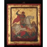 A DECORATIVE PINE ICON DEPICTING ST GEORGE