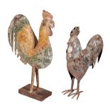 TWO PATINATED AND PAINTED METAL COCKERELS