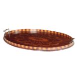 AN EDWARDIAN MAHOGANY AND MARQUETRY SERVING TRAY