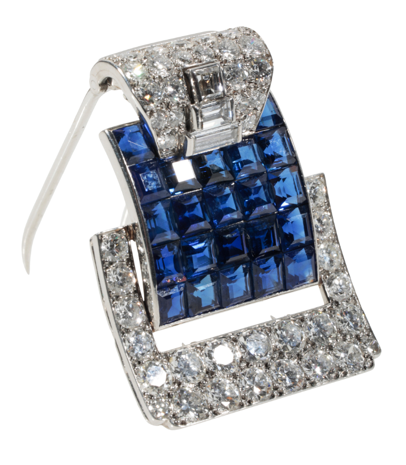 CARTIER: AN ART DECO SAPPHIRE AND DIAMOND CLIP BROOCH