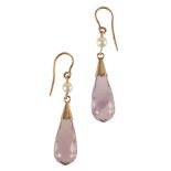 A PAIR OF BRIOLETTE-CUT AMETHYST AND SEED PEARL EARRINGS