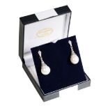 BRUFORD AND CARR: A PAIR OF DIAMOND AND CULTURED PEARL DROP EARRINGS